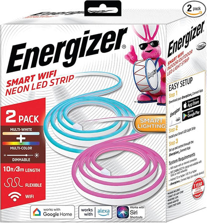 Energizer Smart 2pk Neon LED Light Strips, 20 Ft RGBW Wi-Fi LED Rope Light, Water Resistant for Outdoor & Indoor, Compatible with Alexa Google Home & Siri, Voice & Remote Control, Flexible, Dimmable