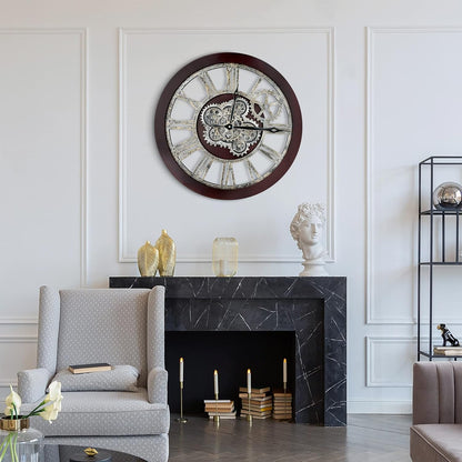 HOIBAI Wall Clock, Clocks for Living Room Decor 20 Inch Big Moving Gears Clock Farmhouse Vintage Rustic Wall Clock Vintage Roman Oversized for Home Bedroom House Kitchen Wall Decor