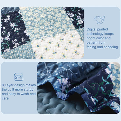 Exclusivo Mezcla Reversible Boho Quilt Set King Size, 3 Pieces Patchwork Blue All Season Bedspreads, Ultra Soft Floral Coverlet Bedding Set with Printed Pattern (1 Quilt, 2 Pillow Shams)