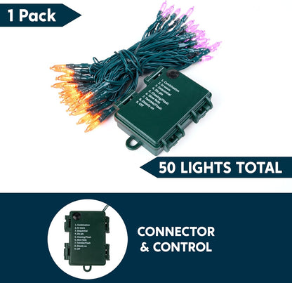 Joiedomi 16.3FT Orange&Purple Halloween Lights,50 Count Battery Operated Christmas String Tree Fairy LED Lights with 8 Modes,Multifunction Green Wire with Timer for Xmas Decor Party Holiday House