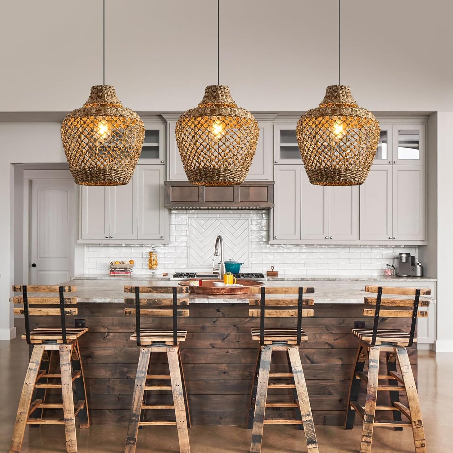 2-Pack Rattan Pendant Light,Bohemian 11.81” Wicker Chandelier,Handwoven Hanging Seagrass Chandeliers Fixture, for Farmhouse Kitchen Island Boho Dining Living