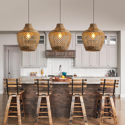 2-Pack Rattan Pendant Light,Bohemian 11.81” Wicker Chandelier,Handwoven Hanging Seagrass Chandeliers Fixture, for Farmhouse Kitchen Island Boho Dining Living