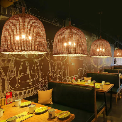 3-Light Dark Curry Rattan Pendant Light,17.7" Rustic Hanging Light,Brown Wicker Pendant Light Hand-Woven Rattan Chandelier for Workplace Restaurants Dining Living Kitchen Farmhouse