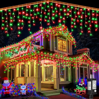 66ft Icicle Lights for Outside, Red and Green Christmas Lights Outdoor Indoor, 640 LED Twinkle String Lights with 120 Drops, Clear Wire Short Curtain Light for Thanksgiving Room Home Wall Bedroom
