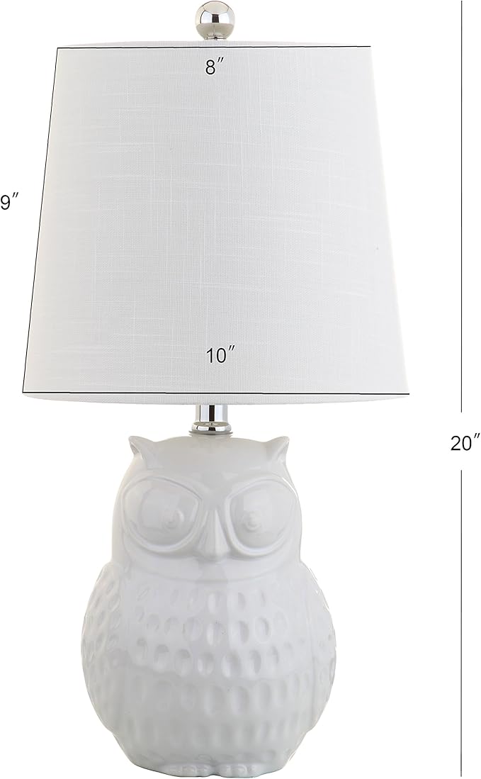 JONATHAN Y 20.5" White Ceramic Owl Table Lamp, Whimsical Cottage Bedside Nightstand Light for Living Room Nursery, White Linen Drum Shade, UL Listed, LED Bulb Included JYL1026A