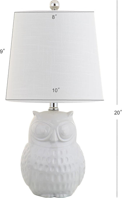 JONATHAN Y 20.5" White Ceramic Owl Table Lamp, Whimsical Cottage Bedside Nightstand Light for Living Room Nursery, White Linen Drum Shade, UL Listed, LED Bulb Included JYL1026A