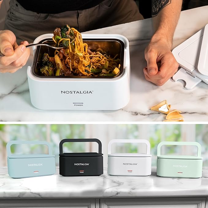 Nostalgia Portable Heated Lunch Box – 4-Cup Stainless Steel Food Warmer – Detachable Cord, Leak-Proof Lid, Carry Handle – Portable for Work & Travel – White
