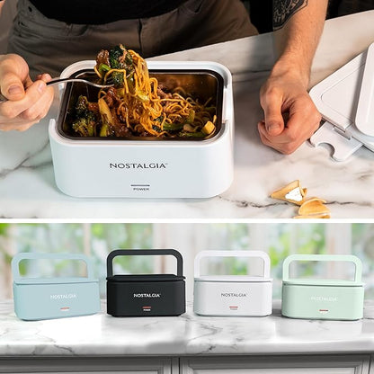Nostalgia Portable Heated Lunch Box – 4-Cup Stainless Steel Food Warmer – Detachable Cord, Leak-Proof Lid, Carry Handle – Portable for Work & Travel – White
