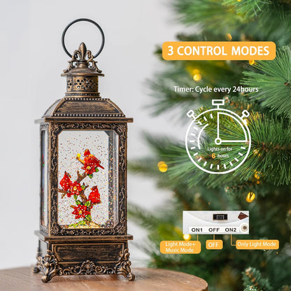 Christmas Snow Globe Water Glittering Cardinal Lantern with Music & Timer, USB Lined/Battery Operated Lighted Lantern for Christmas Festival Decoration Gifts