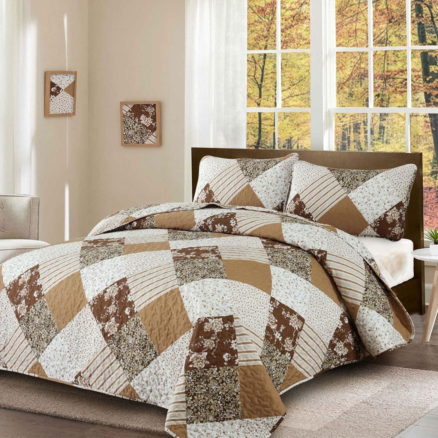 Dobuyly Fall King Size Bedspread, Brown Floral Plaid Patchwork King Size Quilts Fall Bedding Set, Soft Lightweight Microfiber Coverlet Set (1 Quilt, 2 Pillow Shams)