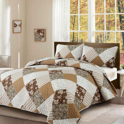 Dobuyly Fall King Size Bedspread, Brown Floral Plaid Patchwork King Size Quilts Fall Bedding Set, Soft Lightweight Microfiber Coverlet Set (1 Quilt, 2 Pillow Shams)
