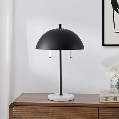 JONATHAN Y 20.75" Black/White Marble 2-Light LED Table Lamp for Modern Bedside Decor, Glam Desk Lamp, Gold Metal Dome Shade, Pull Chain Switch, Bulbs Included (JYL1071B)