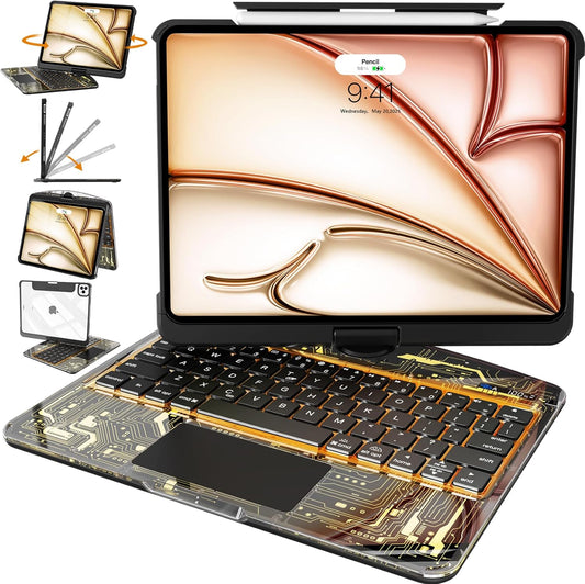 Intermerge Clear Keyboard Case for iPad Pro 11" (M4) 2024 Only, 360° Swivel Multi-Touch Trackpad, 7-Color RGB Backlit, Pencil Holder, Type-C, Power Indicator, Shadow Pulse