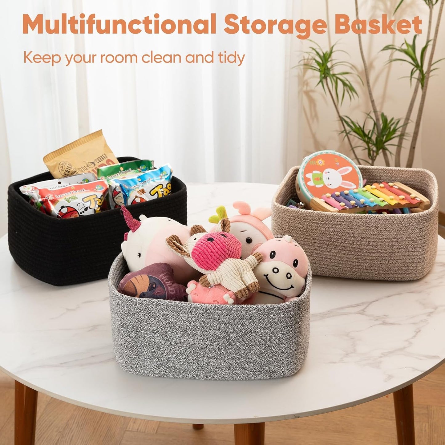 OIAHOMY 4 Pack 14.17*11.02*6.3IN Storage Baskets for Organizing Shelves, Woven Rope Baskets for Organizing Books, Clothes, Decorative Basket for Living Room, Nursery, Bedroom, Gift Basket, Brown