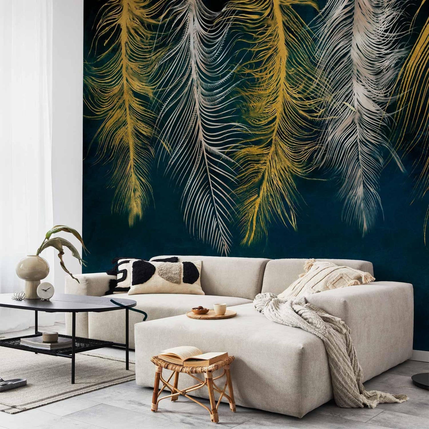 artgeist Wall Mural Feather 157x110 in - XXL Non-Woven Wallpaper Fleece Wall Decor Photo Print Picture Image Design Landscape Abstract Beige Navy Blue b-A-0812-a-a