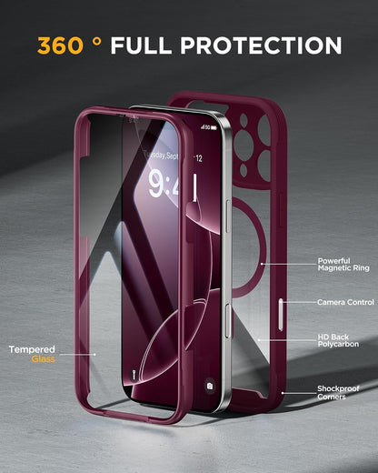 Miracase for iPhone 16 Pro Max Case 6.9'', [Bubble Free] Full-Body Bumper Phone case with Built-in Full Glass Screen &Lens Protector,Compatible with MagSafe,Drop Proof 16 Pro Max Cover,Plum
