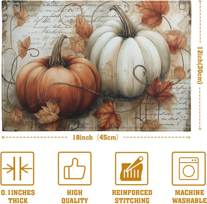 Fall Vintage Pumpkin Leaves Placemats Set of 4 Autumn Thanksgiving Harvest Linen Dinner Place Mats 12x18 Burnt Orange and White Rustic Farmhouse Decorative Kitchen Table Mats