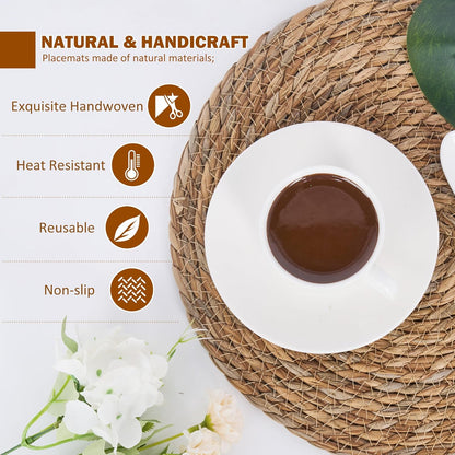 Defined Deco Woven Placemats Set of 10,12" Round Rattan Placemats,Natural Hand-Woven Water Hyacinth Placemats,Farmhouse Weave Place Mats,Rustic Braided Wicker Table Mats for Dining Table,Home,Wedding.