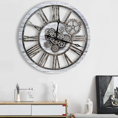 The B-Style Large Real Moving Gears Wall Clock 30 inch Rustic Retro Industrial Farmhouse Wood Clock Oversized Decorative Vintage Wall Clocks for Living Room (Gray White, 30 Inch/76CM)