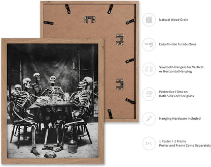 Poster Master Vintage Photograph Poster - Retro Daguerreotype Print - Gift for Artist, Friend - Skeletons Smoking at Table, Dinner Party, Goth - Wall Decor for Home, Dorm, 11x14 Beige Framed