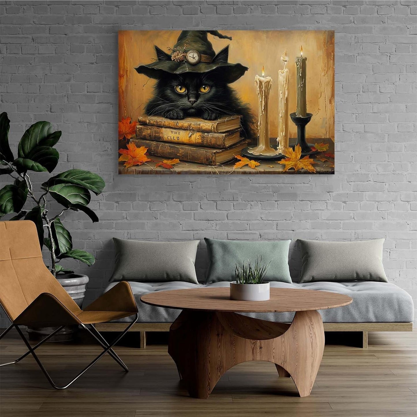 JFHCQJPK Vintage Halloween wall decoration black cat and magic book suitable for home bedroom living room decoration dark classic art witch wall decoration28x40in Frameless