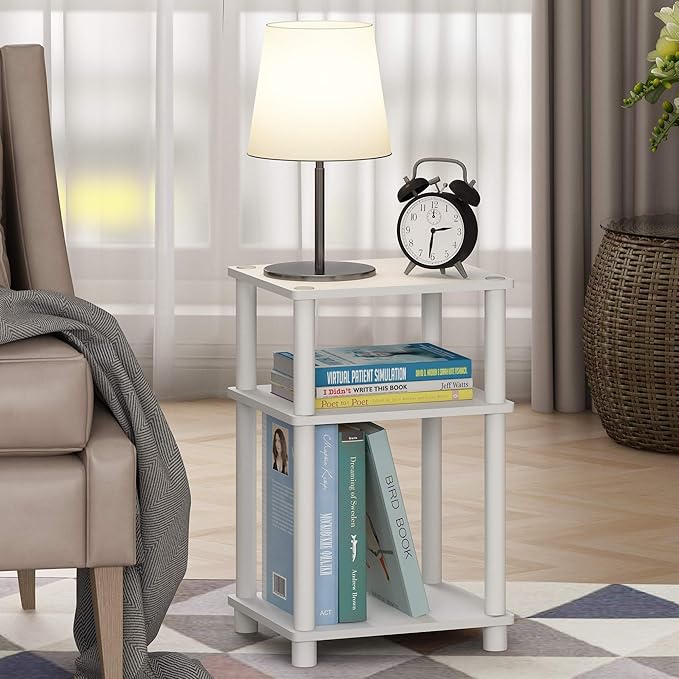 Furinno JUST Side Table, 3-Tier End Table, Open Shelves Night Stand, Bedside Table, Toolless Assembly, for Living Room, Bedroom, Bathroom, White(Espresso) | with Plastic Poles, 1-Pack