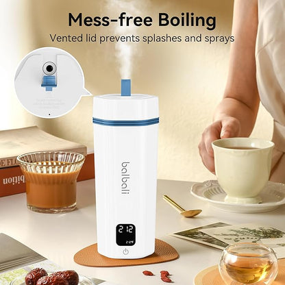 balbali Portable Tea Kettle for Travel 100-240V Dual Voltage - 6 Preset Electric Portable Water Heater for Boiling - Self Heating Cup/Thermos - 12oz Hot Water Boiler/Heater/Warmer - White