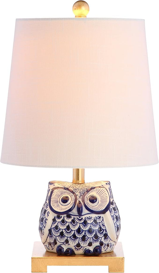 JONATHAN Y 16" Blue/White Ceramic Owl Mini Table Lamp for Bedroom or Office, Modern Farmhouse Nightstand Lamp with White Linen Shade, LED Bulb Included JYL3014A