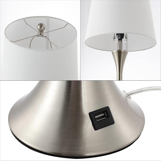 JONATHAN Y 22.75" Nickel Modern Hourglass LED Table Lamp Set of 2 with USB Port, Metal Bedside Lamps for Living Room Bedroom, White Linen Shade (JYL6621B-SET2)
