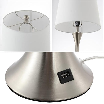 JONATHAN Y 22.75" Nickel Modern Hourglass LED Table Lamp Set of 2 with USB Port, Metal Bedside Lamps for Living Room Bedroom, White Linen Shade (JYL6621B-SET2)