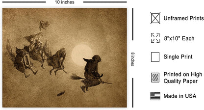Poster Master Vintage Witches Ride Poster - Retro Flying Witches Print - Halloween Art - Pagan Art - Gift for Men & Women - Gothic Wall Decor for Living Room, Bedroom or Dorm - 8x10 UNFRAMED Wall Art