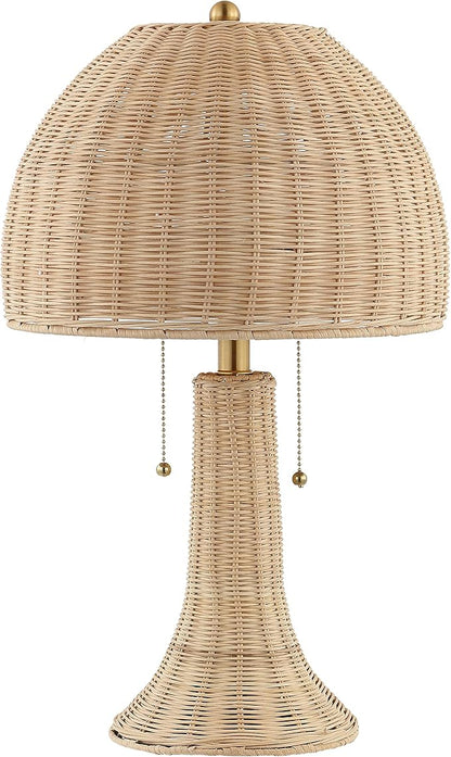 JONATHAN Y 22" Natural/Brass Gold Bohemian Rustic LED Table Lamp for Bedroom, Natural Rattan Shade, Farmhouse Coastal Nightstand Lamp for Living Room, LED Bulbs Included JYL4040A
