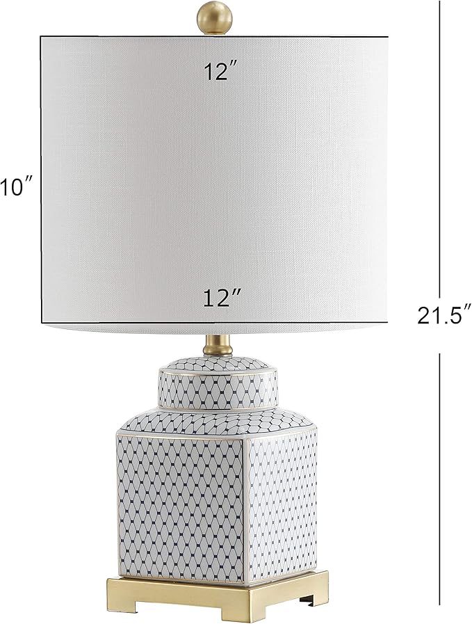 JONATHAN Y 21.5" White and Navy Blue Ceramic Ginger Jar LED Table Lamp, Modern Chinoiserie Fishnet Pattern with White Linen Shade and Brass Gold Base, LED Bulb Included JYL3043A