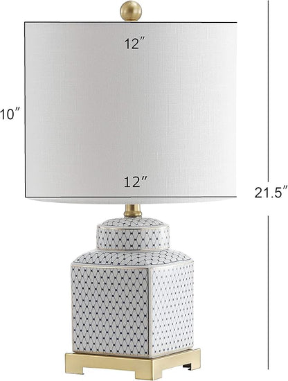 JONATHAN Y 21.5" White and Navy Blue Ceramic Ginger Jar LED Table Lamp, Modern Chinoiserie Fishnet Pattern with White Linen Shade and Brass Gold Base, LED Bulb Included JYL3043A