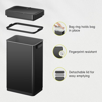 EKO Deluxe Mirage-T 50 Liter / 13.2 Gallon Touchless Rectangular Motion Sensor Trash Can, Matte Black Stainless Steel Finish