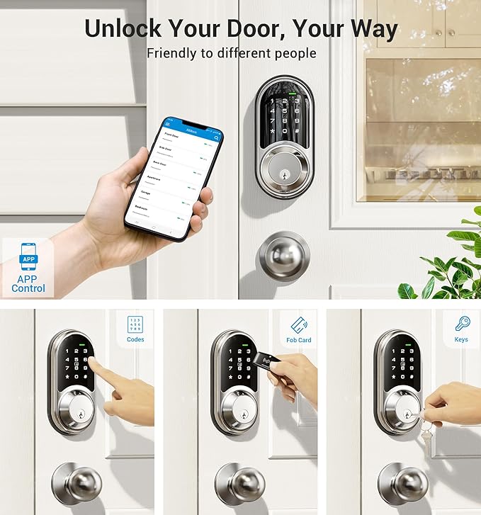 Veise RZ06C Smart Locks for Front Door, 2 Knob Handle Set, Keyless Entry Deadbolt, App Control, Electronic Touchscreen Digital Keypad, Auto Lock, Easy Installation, IP54 Waterproof, Satin Nickel