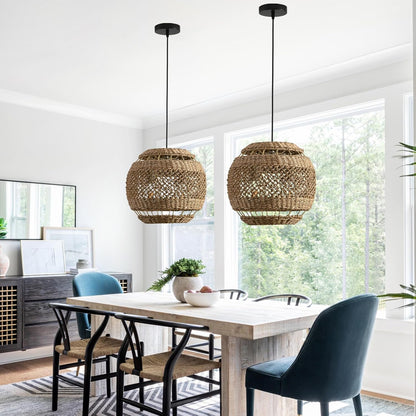 Rattan Pendant Light 13.78" Boho Wicker Seagrass Pendant Light 2-Light Hand Woven Water Plants Rattan Chandelier for Dining Living Bedroom Kitchen Farmhouse