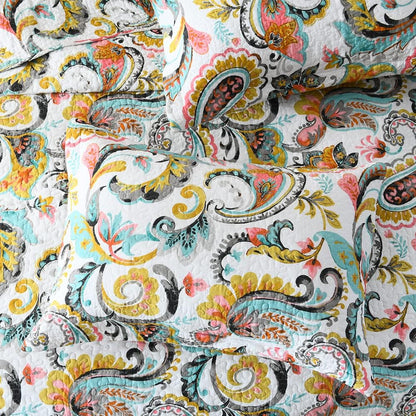 Autumn Dream Cotton Bedspread Quilt Sets, 3 Pieces Reversible Comforter Coverlet Sets,White Floral Paisley,Queen Size