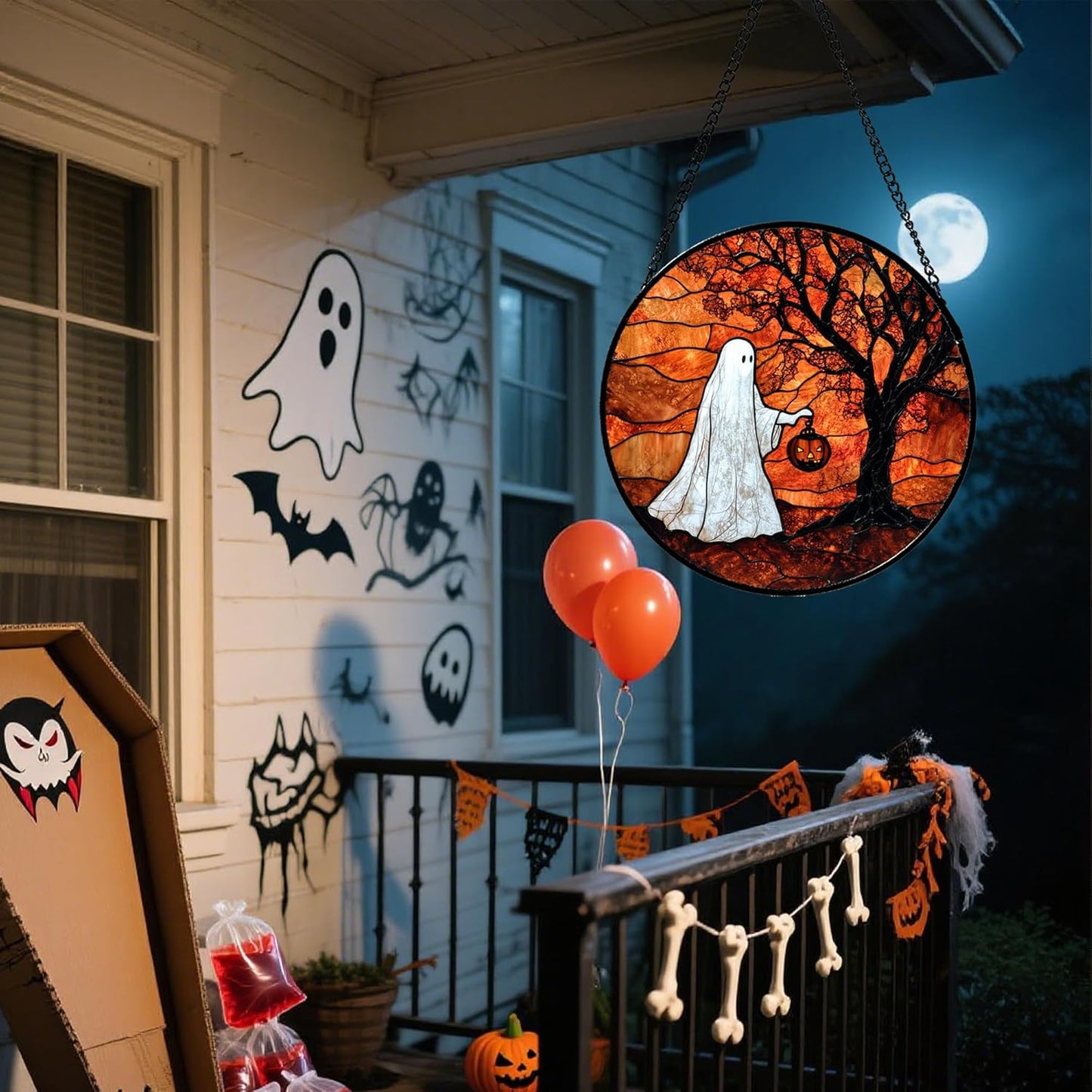 Stained Glass Window Hanging - Halloween Ghost Holding A Pumpkin Lantern Suncatcher for Door Garden Spooky Tree Sun Catchers Gothic Decorations Horror Gifts for Women Men Friend 11.8 in