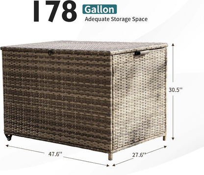 178 Gallon Outdoor Storage Box, Patio Deck Box with 2 Wheels, Handle Large Portable Wicker Rattan Deck Box for Patio Furniture Cushions, Throw Pillows, Garden Tools and Pool Floats (Gray)