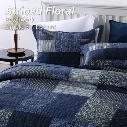 Yvooxny Quilts King Size Reversible Lightweight Bedspread 3-Piece Quilt Set Plaid Floral Patchwork 100% Cotton King Quilt Set Bedding Set with Pillow Shams for All Seasons, Azure Blue, 98x106''