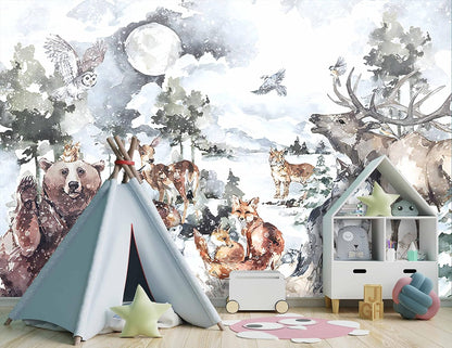 Boys or Girls Cartoon Watercolor Animals wallpeper Nursery Kids Bedroom Wall Mural - 137"x96"（Not Peel and Stick）