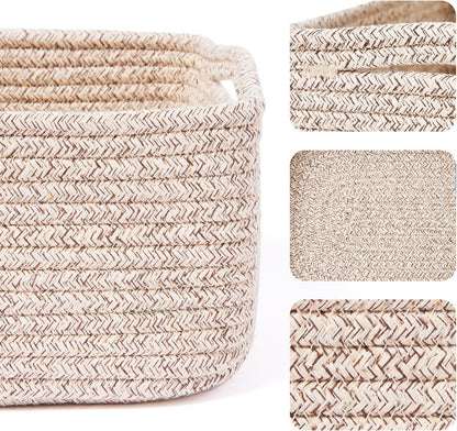 Small Storage Baskets for Organizing | Closet Organizer Bins | Shelf Toy Basket | Woven Rope Baskets | Cube Decorative Box | Shallow Basket | 13x8.5x5.1” | 4 Packs Mixed Brown