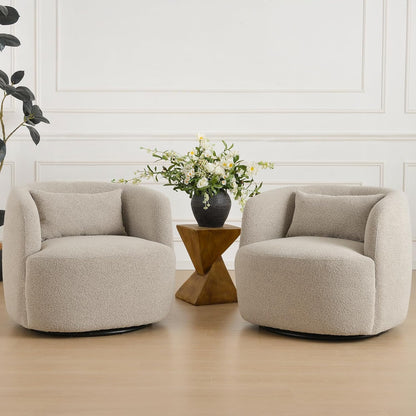 KINWELL 34" Wide Sherpa Swivel Barrel Chairs Set of 2, No Assembly Round Boucle Upholstered Accent Chairs Armchairs Single Sofa Chair with Toss Pillow for Living Room and Bedroom, Taupe