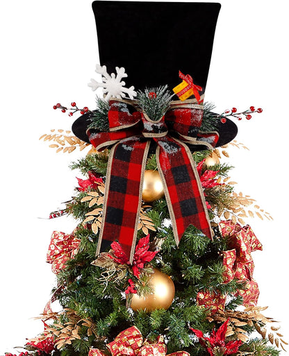 yofit Christmas Tree Topper Hat, Black Velvet Hat with Red Buffalo Plaid Bow Red Berry Snowflake, Christmas Tree Decorations Top Hat, Desktop Ornaments for Home Holiday Winter Decor