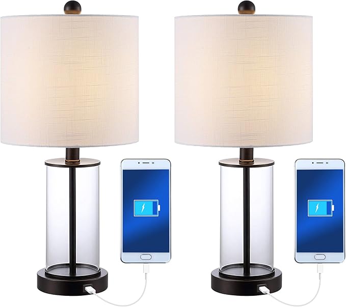 JONATHAN Y 21" Oil Rubbed Bronze/Clear Modern Glass Table Lamp Set of 2, Bedside Nightstand Lamps with USB Charging Port, White Linen Shade, LED Bulbs Included JYL8500A-SET2