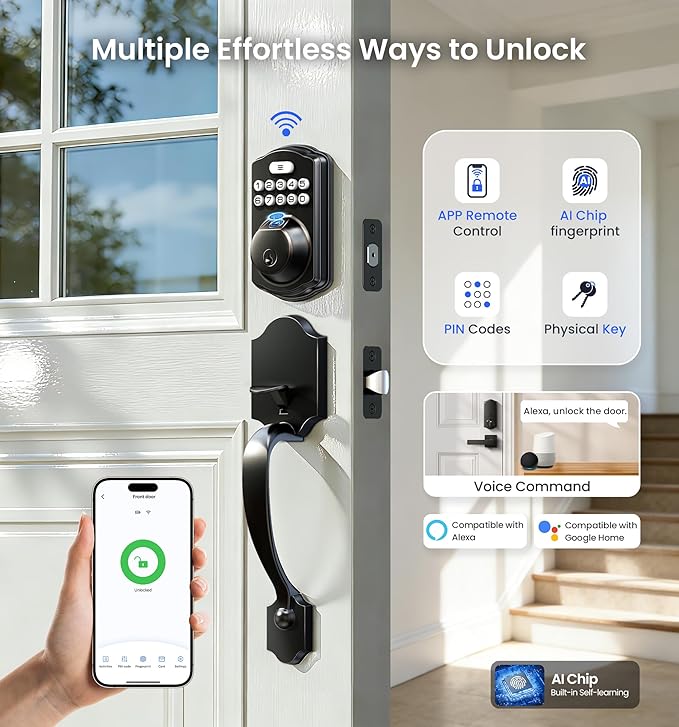Veise VE012W-H WiFi Smart Front Door Lock Set, Built-in WiFi, App Remote & Voice Control, Fingerprint Keyless Entry Smart deadbolt with Handle, Backlit Keypad, Auto Lock, IP55 Waterproof, Matte Black