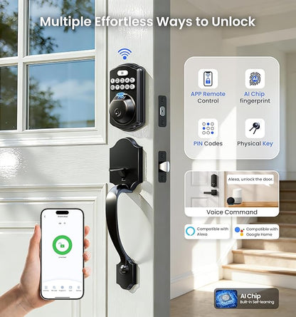 Veise VE012W-H WiFi Smart Front Door Lock Set, Built-in WiFi, App Remote & Voice Control, Fingerprint Keyless Entry Smart deadbolt with Handle, Backlit Keypad, Auto Lock, IP55 Waterproof, Matte Black