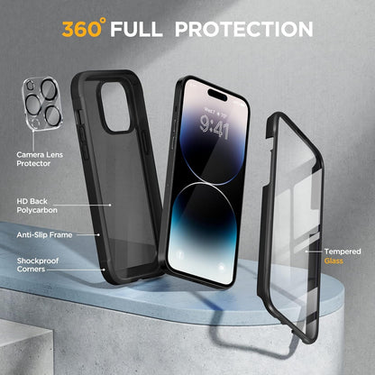 Miracase Glass Series Designed for iPhone 14 Pro Max Case 6.7 Inch, Upgrade Full-Body Bumper Case with Built-in 9H Tempered Glass Screen Protector, with Camera Lens Protector, Matte Black