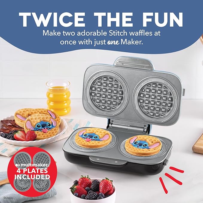 Disney | Dash MultiMaker® Double Mini Maker System - Convenient Electric Waffle Maker - Features Interchangeable, Dishwasher-Safe Plates - Quick Cleanup & Simple Setup - Lilo & Stitch Design